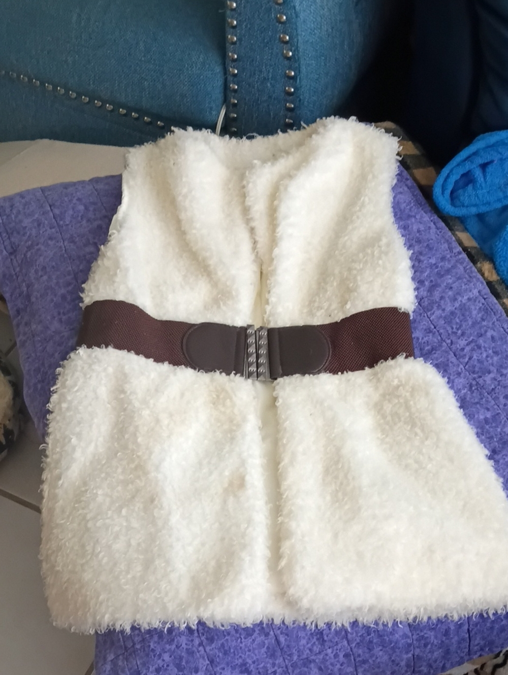 Nikibiki Cream Faux-Fur Vest with Brown Waist Belt